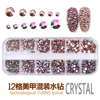1 Boks 12-Net Multi-Size Flad Bund Glas Søm Rhinestones Smykker, Dekorationer Crystal DIY 3D Manicure Nail Art Tilbehør