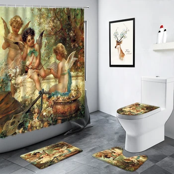 Klassisk Europæisk Olie Maleri Lille Engel badeforhæng Retro Kunst Badeværelse Indretning Anti-slip Tæppe Toilet Dække bademåtter Sæt