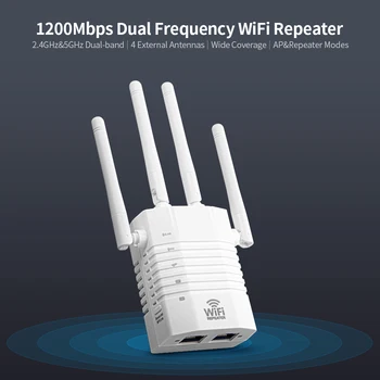1200Mbps WiFi Repeater WiFi Signal Forstærker 2.4 GHz, 5 ghz Dual-Frekvens Trådløse Signal Booster med 4 Antenner Hvid EU Stik