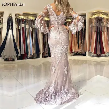 Ny Elegant Havfrue Aften Kjoler 2021 V - Hals Lace langærmet Applicerede Beaded Vestidos de Fiesta de Noche Robe de Aftenselskab