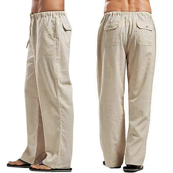 Sommeren Mænd ensfarvet Sengetøj Multi-lomme Lige Casual Pants Plus Størrelse Åndbar Komfortable Snor Løse Bukser