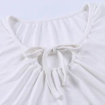 Sommeren 2020 slank-montering kort-langærmet top, feminin V-hals snøre halsudskæring strikket T-shirt