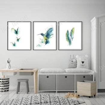 Fuglefjer Sæt af 3 Udskrevet, Blå, Grøn Sæt med 3 Fine Art Prints, Kolibri, Fjer og Sommerfugle Akvarel Maleri