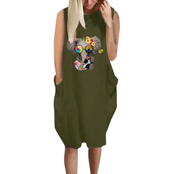 5XL Tank Dress Kvinder Elefant-Trykt Ærmer og Knæ-lange Kjoler Baggy koreansk Stil, Casual Løs Kvindelige Vestidos