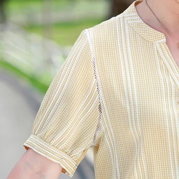 Nye Kvinder Plaid Printet Bluse om Sommeren 2021 Casual V-Neck Tops Shirt Damer Elegante Løs Bluse Plus Størrelse 5XL 2021