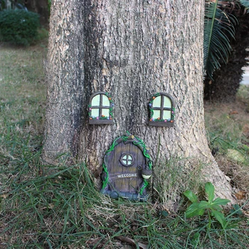 Miniature Fe Træ Dekorationer Dør Og Vindue Ornament For Træer Fe Dør Og Vinduer Lyser I Mørke Dekorationer Håndværk
