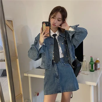 Kvinder 2 Stykker Jeans Sæt med koreanske Mode Trend Afgrøde, Toppe, Jakker og Denim Nederdele Slank Streetwear Tøj til Kontor Damer