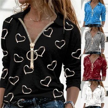 2021 Efterår Forår Kvinder Med Hjerte Print Toppe Casual Lynlås V-Hals Skjorte Bomuld Langærmet Top Elegante Damer Shirt Streetwear