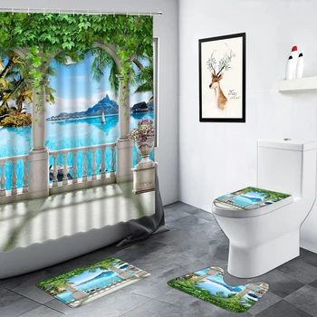 Sejlbåd Palmer Ocean badeforhæng Sæt Badeværelse Tæppe Grøn Plante Sommeren Natur skridsikre Tæpper bademåtte Toilet Låg Cover