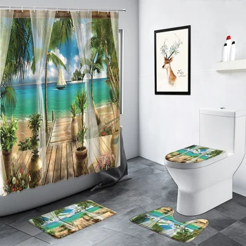 Sejlbåd Palmer Ocean badeforhæng Sæt Badeværelse Tæppe Grøn Plante Sommeren Natur skridsikre Tæpper bademåtte Toilet Låg Cover