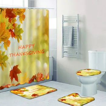 4-delt sæt efteråret Thanksgiving holiday glade hjem brusebad badeværelse personlig udskrivning badeforhæng-gulvtæppe base toilet mat