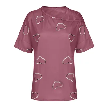 Trendyland Womens Fashion Hjerte Print T-Shirts Med Rund Hals Dug, Casual Skulder Korte Ærmer Toppe Koreansk Stil Vintage T-Shirt