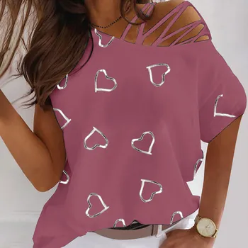 Trendyland Womens Fashion Hjerte Print T-Shirts Med Rund Hals Dug, Casual Skulder Korte Ærmer Toppe Koreansk Stil Vintage T-Shirt