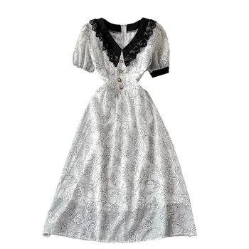 Sød og blid stil, V-hals kjole med tynd talje, boble ærme print, kontrast, farve, stor A-line nederdel