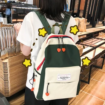 Koreanere Skole Tasker Til Kvinder Casual Patchwork Rygsæk Hjerte Form Snor Design Travel Bag Teenage Piger Skoletaske Mochila