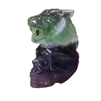 Naturlig Krystal Fluorit Udskæring Lion Kraniet Mekanisk Statue Ghost Sten Mineral Helbredende Krystaller Feng Shui Meditation Hjem Dekorere
