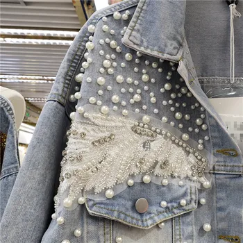 Harajuku Denim Jakke Kvinder Diamant Beaded Mesh Splejset Mode Hul Revers Lange Ærmer Jeans Jakke Streetwear Loose Jeans Pels