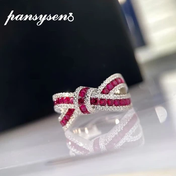 PANSYSEN Luksus 925 Sterling Sølv Sød Sløjfeknude Red Ruby Diamant Ring Bryllup Engagement Kvindelige Gemstone Ringe Engros