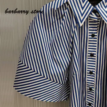 2021 høj kvalitet Vintage striped Blouse Top Revers alsidig personlighed boble ærme T-shirt mode temperament korte ærmer