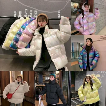 Polstret Jakke vinter Korea 2021 nye fluorescerende farverige Oversize tykke brød pels lange ærmer bomuld jakke Lys op Street