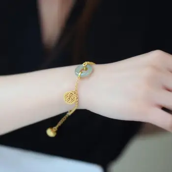 Naturlige Hetian Jade Grå Jade Fu Lu Shuangxi Safeness Ring Armbånd S925 Sterling Sølv Gammel Sølv Indlagt Xi Græskar Vintage