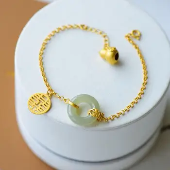 Naturlige Hetian Jade Grå Jade Fu Lu Shuangxi Safeness Ring Armbånd S925 Sterling Sølv Gammel Sølv Indlagt Xi Græskar Vintage