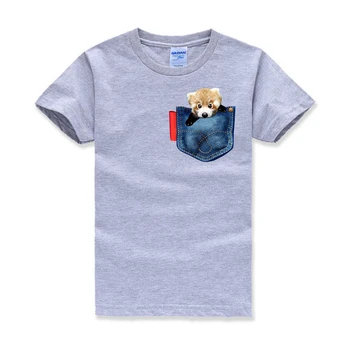 Rød Panda i en Jean Lomme kids T-Shirts, kids tee, sjove dyr kids t-t-shirts, unik kids søde t-shirts, Pet I en Lomme