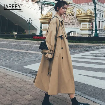 Khaki Kvindelige Vindjakke Streetwear 2021 Foråret Efteråret Nye stil koreanske Løs Damer Lang Frakke Med bælte Kvinder Skyttegrav Frakke