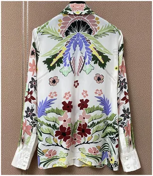 Kvinder Silke Bluse 2021 Forår Sommer Kvindelige Vintage Blomster Print Slank Silke Bluse Kvindelige Alle Match Elegante Løs Langærmet Top