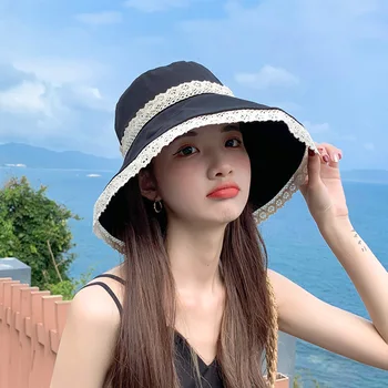 Sommeren Kvinders Bucket Hat Wide Brim Bomuld Visirer Caps Kvindelige Blonder Bue-Knude Sammenklappelig Solhat koreanske Udendørs Rejse-Stranden og Cap