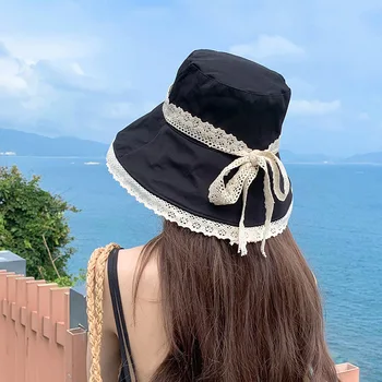 Sommeren Kvinders Bucket Hat Wide Brim Bomuld Visirer Caps Kvindelige Blonder Bue-Knude Sammenklappelig Solhat koreanske Udendørs Rejse-Stranden og Cap