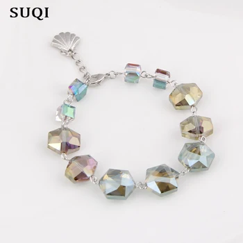 SUQI Sommeren Geometriske Square Crystal glas Charm Armbånd Til Kvinder Mode Justerbar Part beaded armbånd sten Smykker