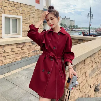 2021 Elegante Lac-op Midi-Renden jakke Kvinder koreansk Stil Dobbelt Breasted Rød Frakke Fashion street Vintage Efteråret Overfrakke