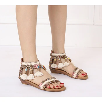 Kilehæl sandaler kvindelige sommer fe style åben tå, rund tå taske med drop perler rejse Romerske sandaler