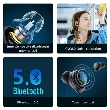 TWS Bluetooth-kompatible 5.0 Øretelefoner 500mAh Opladning Max Trådløse Hovedtelefoner 9D Sport Stereo Headset