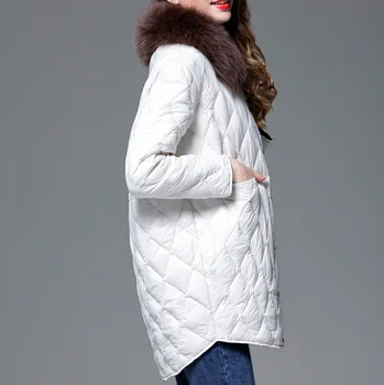 Nye koreanske version af hvid duck ned jakke kvinder lang sektion ræv pels krave med rund hals fashion Slanke damer frakke