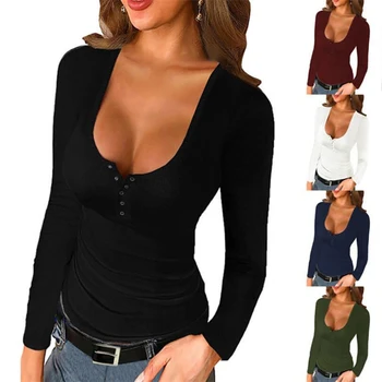 Efteråret ensfarvet langærmede Toppe tætsiddende Bunden Shirt Nye U-hals Top Mode Løs Damer Plus Size T-shirt