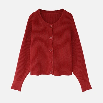 Strikket Enkelt Breasted Solid Damer Cardigan O-Hals Lange Ærmer Løs Kvindelige Sweater 2021 Efteråret Mode Kvinder Casual Tøj