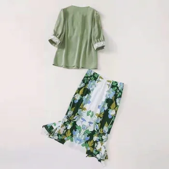 Europæiske og Amerikanske kvinder ' s wear til sommer 2021 fem-kvart ærmer shirt Trykt fiskehale nederdel Fashion grøn kulør