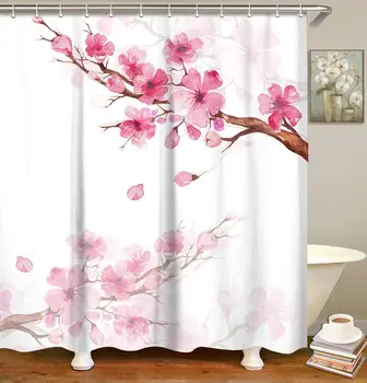Pink Blomster badeforhæng med 12 Kroge Cherry Blossom Bad Gardin Dekorative Badeværelse Tilbehør, der kan maskinvaskes