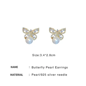 2021 Nye koreanske Søde Butterfly Pearl Dingle Drop Ørering Mode Zircon Butterfly Pearl Øreringe til Kvinder Bryllup Smykker