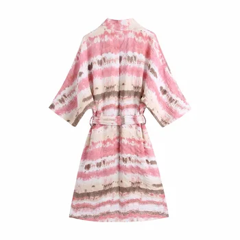 2021 ZA Tie Dye Kvinde Kimono Kjole Sommeren Revers Bred Lange Ærmer Japan Stil Kjole Afslappet Bundet Bælte Side Slids Smarte Kjoler Kvinder