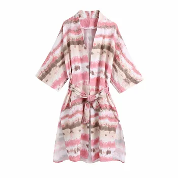 2021 ZA Tie Dye Kvinde Kimono Kjole Sommeren Revers Bred Lange Ærmer Japan Stil Kjole Afslappet Bundet Bælte Side Slids Smarte Kjoler Kvinder