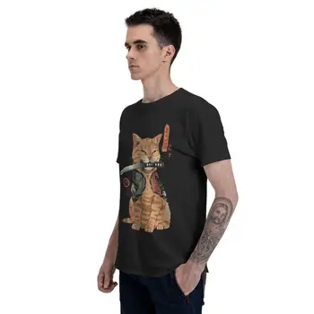 Feline Funny Cat T-Shirts til Mænd Kort Ærme Bomuld T-shirt Japansk Samurai Kat Tee Toppe Grafisk Tshirt Gave
