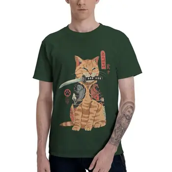 Feline Funny Cat T-Shirts til Mænd Kort Ærme Bomuld T-shirt Japansk Samurai Kat Tee Toppe Grafisk Tshirt Gave