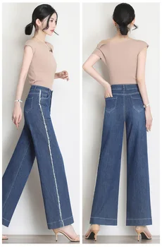 Plus Størrelse 4XL Brede Ben Jeans til Kvinder Mode Elegant Høj Talje Splejse Kvaster Løs Lige Casual Denim Bukser Kvinde 3069