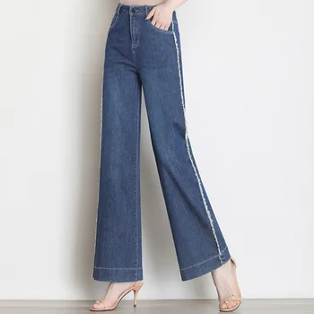 Plus Størrelse 4XL Brede Ben Jeans til Kvinder Mode Elegant Høj Talje Splejse Kvaster Løs Lige Casual Denim Bukser Kvinde 3069