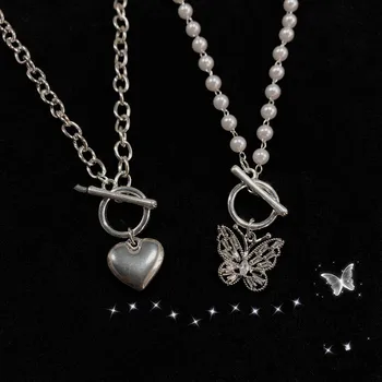 Nyligt Fersken Hjertet Butterfly Pearl Halskæde Vintage Diamant Kravebenet Choker til Kvinder, Piger