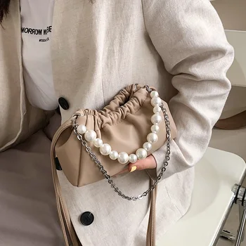 2021 Mode Nye Pearl Design Lille Høj Kvalitet PU Læder Kvinder Mærke Håndtaske Kæde Skulder Crossbody Taske