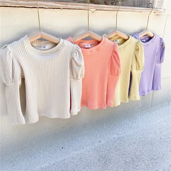 2021 Foråret koreansk Stil Buksetrold Piger Puff Ærme T-shirt, Toppe Bomuld Tøj Candy Farve O-Hals Bunden Shirt Til 1-7Years